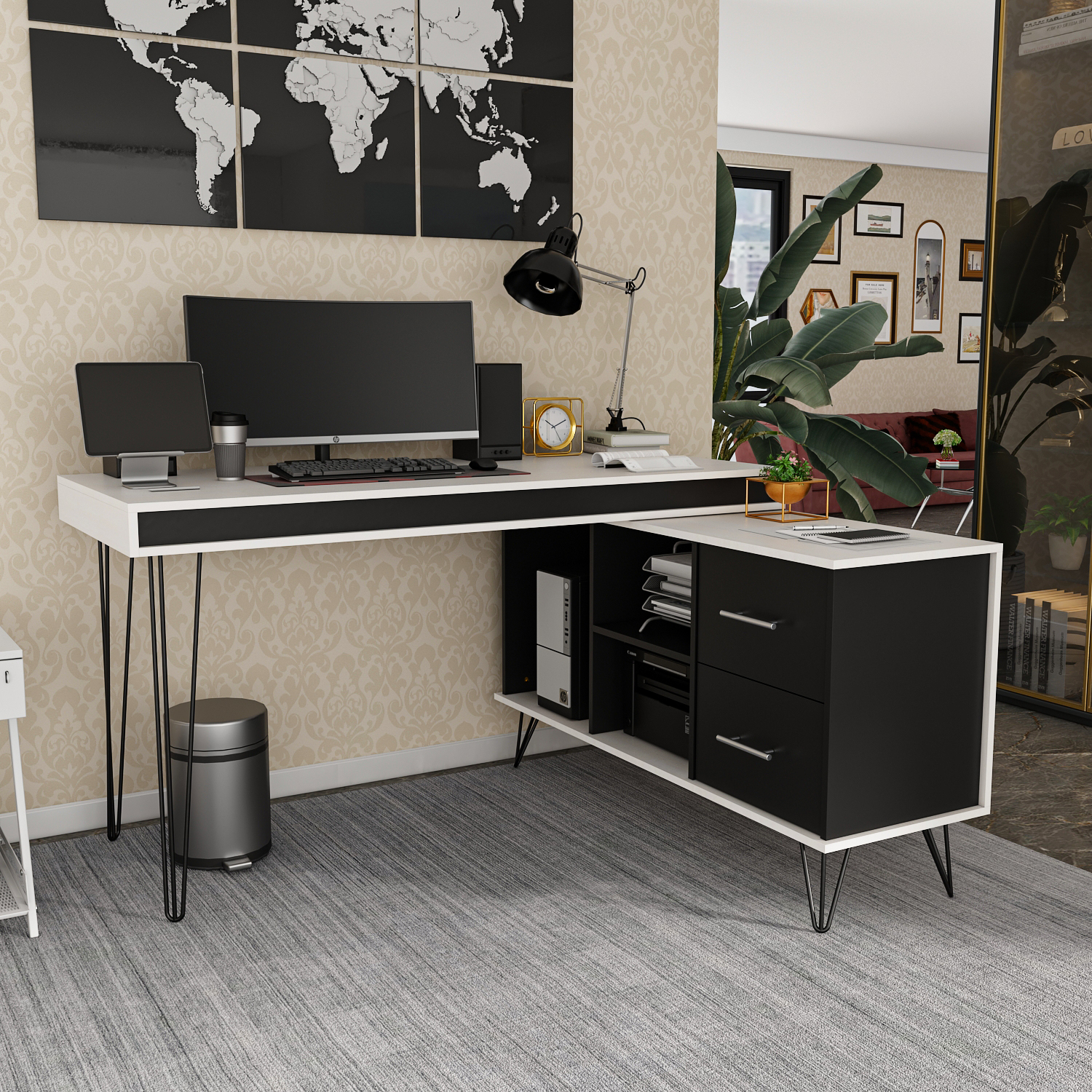 Homsee Office Desk LShaped Desk with Drawers and Shelves, Wood