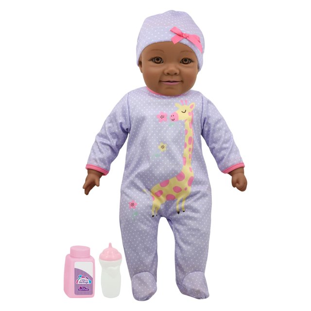 Little Darlings: 19" Abraza a Baby AA - Jirafa Morada - Hace 6 Sonidos de Bebé Diferentes, Incluye Botella y Botella de Polvo