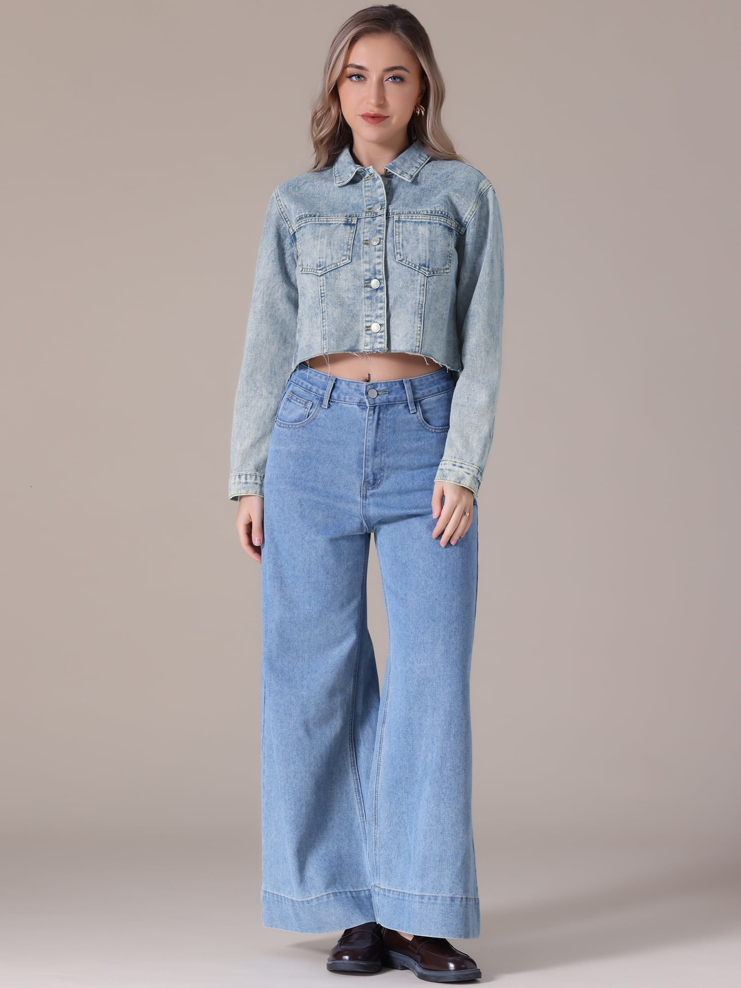 DARING DIVA Women's Cropped Washed Lightweight Frayed Hem Denim Jacket L Light Blue