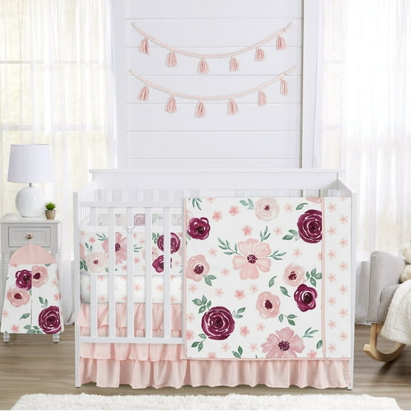 Sweet Jojo Designs Watercolor Floral Burgundy Wine and Pink Girl Crib Bedding   BreathableBaby Breathable Mesh Liner