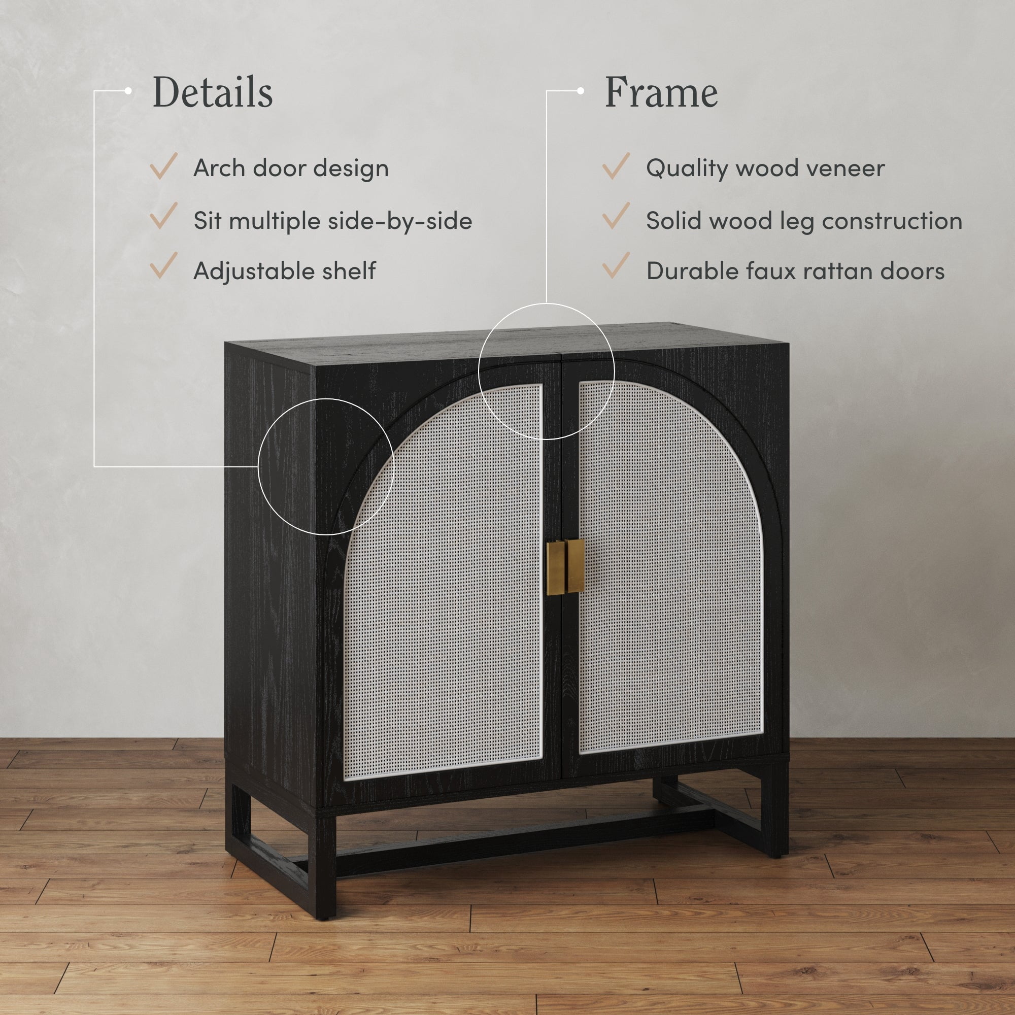 Nathan James Paxton Boho Wood Storage Cabinet with Doors, Small Storage Cabinet for Living Room or Kitchen with Rattan Door Details, Black Oak