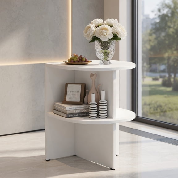 Resenkos Half Round End Table with Open Shelves, Compact Side Table for Small Space Living Room Bedroom, White