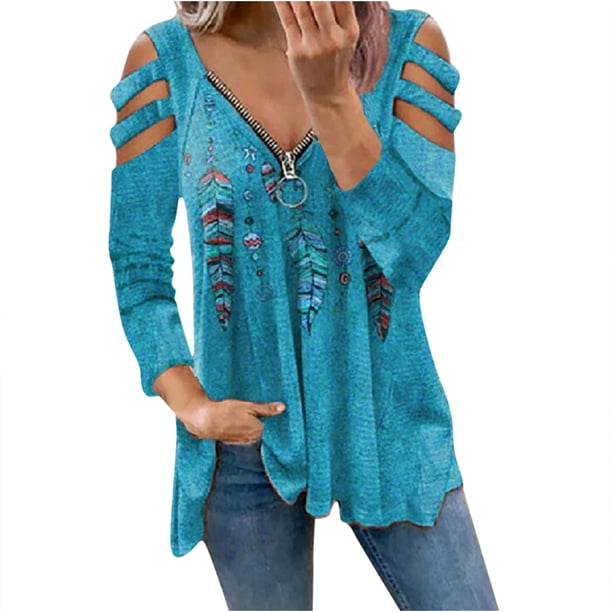 Moda mujer impresa manga larga con cuello en V cremallera Casual Tops camiseta Pompotops gfhjh5564