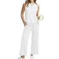 thumbnail image 2 of FRSASU Womens 2 Piece Outfits Summer Button Round Neck Sleeveless Top Wide Leg Pant Solid Lounge Sets Vacation Travel Outfits White, 2 of 9