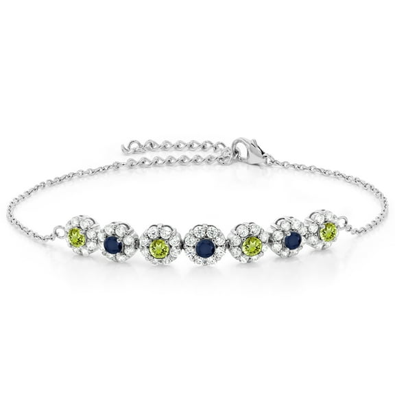 Gem Stone King 925 Sterling Silver Green Peridot Blue Sapphire and White Zirconia Tennis Bracelet for Women (1.58 Cttw, Gemstone August Birthstone, 7 inch with 2 inch Extender)