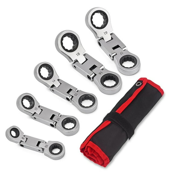 Stubby Wrenches Set, Flex-Head Ratcheting Wrench Set Double Box End Ratchet Wrench Metric 8-19mm 5 Pieces