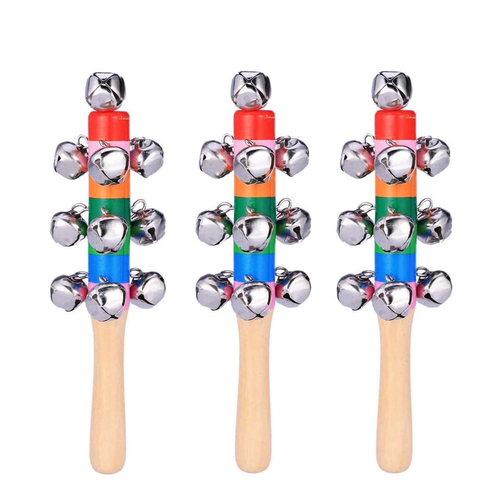 Wooden Hand Jingle Bells Rainbow Hand Sleigh Bells 3 Pcs Christmas Hand Jingle Bells Toy Hand Sleigh Bells Decoration Bells Musical Instrument for Holiday Christmas Decoration 