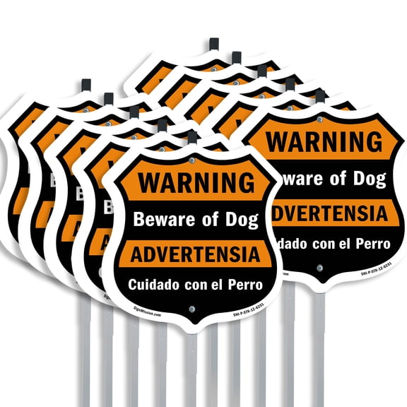 Beware of Dog Bilingual English / Spanish (10 Pack) 12 inch X 12 inch Shield Shaped Rust-Free Aluminum Metal Signs with Aluminum Mounting Stakes Weather Resistant Made in the USA