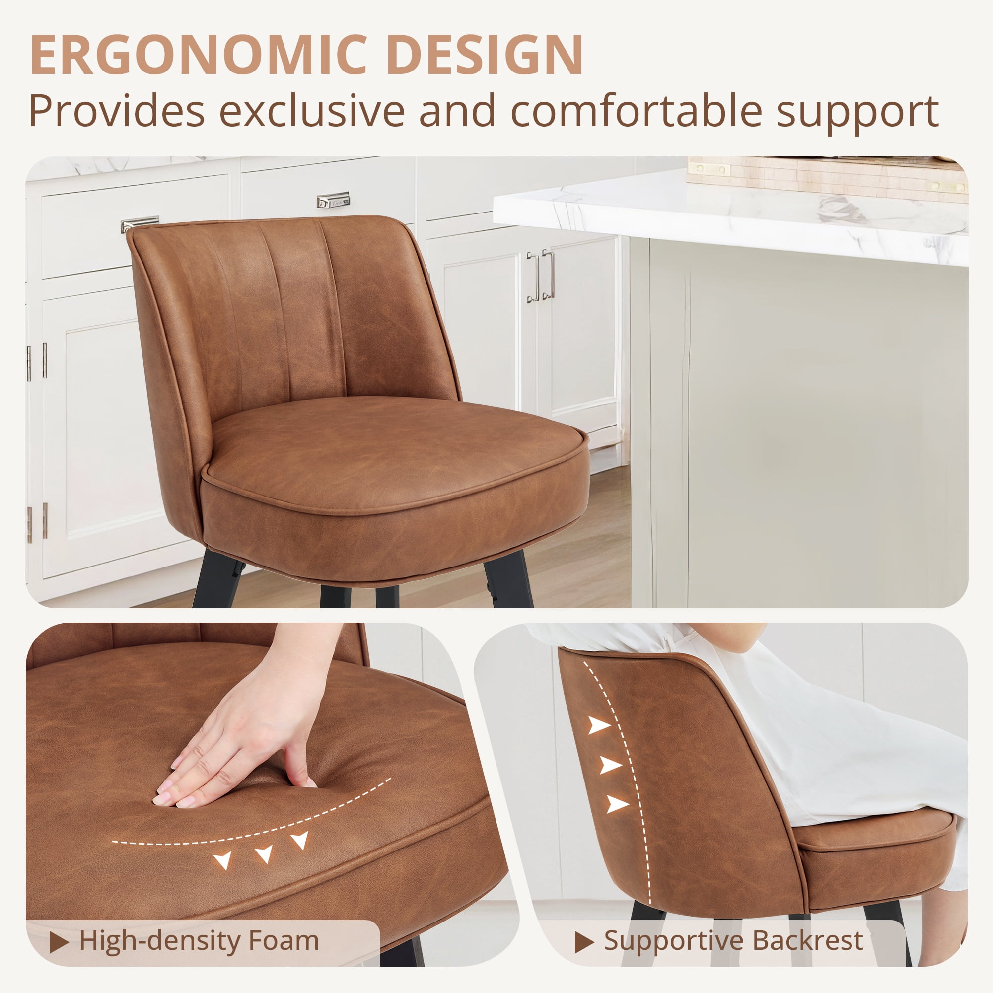 Dycanpo 26" Counter Height Bar Stools with Back, Swivel Leather Barstool Upholstery for Kitchen, Brown