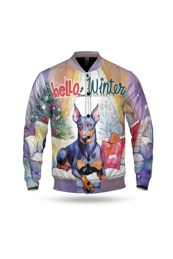 Watercolor Hello Winter Doberman Pinscher Chill Christmas Welcome All Over Print 3D Baseball Jacket Doberman Dog Lover Gifts Bomber Jacket Softball - 00016