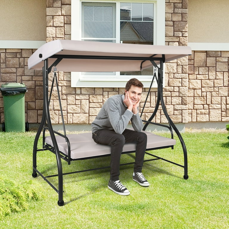 Costway Converting Outdoor Swing Canopy Hammock 3 Seats Patio Deck Furniture beige