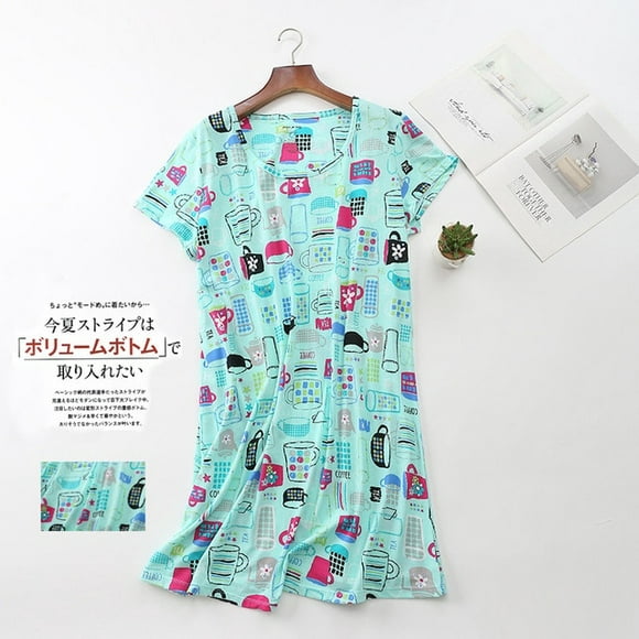 VOINALOMO Women's Cotton Nightdress Plus Size Short Sleeves Print Cotton Sleepshirt Casual Nightgown