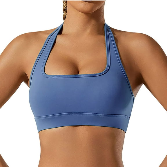 Bigersell Cami Bras for Women Ribbed Workout Bras Crop Tank Tops Ladies Strappy Back Sports Bras U-Neck Running Yoga Bra No Underwire Padded Bralettes Pullover Bras Blue S