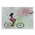 thumbnail image 1 of Feminine Cutting Board, Girl on Bike Passing by Cherry Trees Blooms Spring Nature Seasonal Illustration, Decorative Tempered Glass Cutting and Serving Board, Small Size, Green Pink, by Ambesonne, 1 of 1