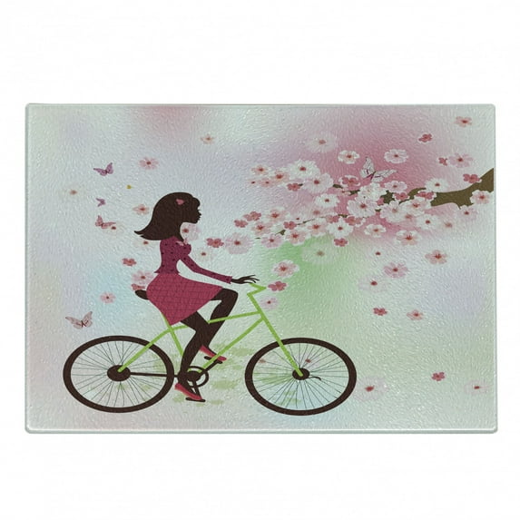 Feminine Cutting Board, Girl on Bike Passing by Cherry Trees Blooms Spring Nature Seasonal Illustration, Decorative Tempered Glass Cutting and Serving Board, Small Size, Green Pink, by Ambesonne