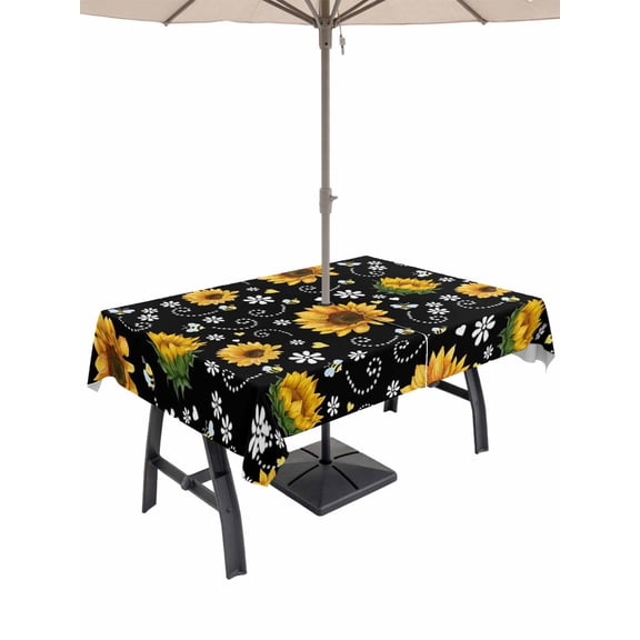 Outdoor Tablecloths with Umbrella Hole & Zipper, Black Yellow Sunflower 60 x102 Inch Rectangle Tablecloths, Summer Botanical Farmhouse Floral Waterproof Table Cloth, Patio/Pool/Picnic Table Covers