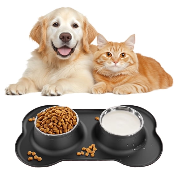 Tekcoo Dog Bowls Double Dog Water and Food Bowls, Stainless Steel Pet Cat Bowls with Non-Spill Skid Resistant Silicone Mat, Pet Feeder Bowls for Puppy Small Medium Large Size Dogs Cats, Black, 14oz