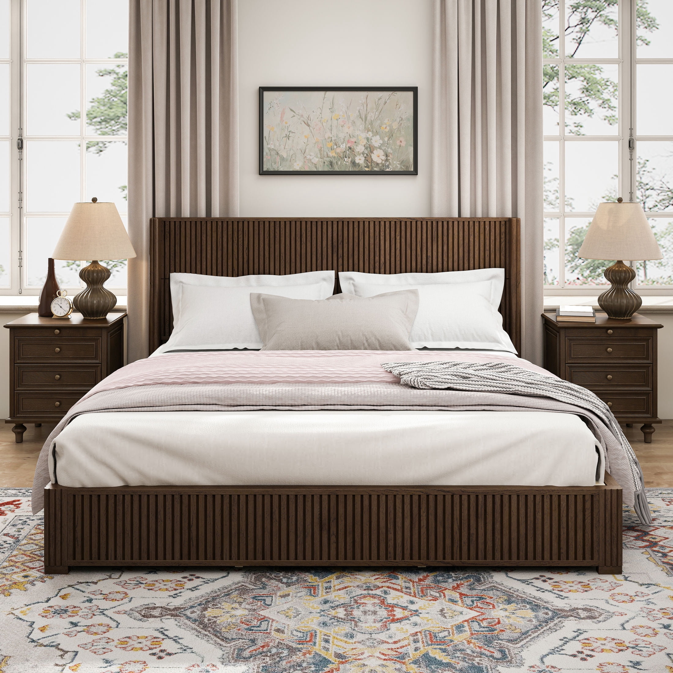GDF Studio King Size Solid Wood Platform Bed with Wingback Headboard, No Box Spring Needed, Walnut