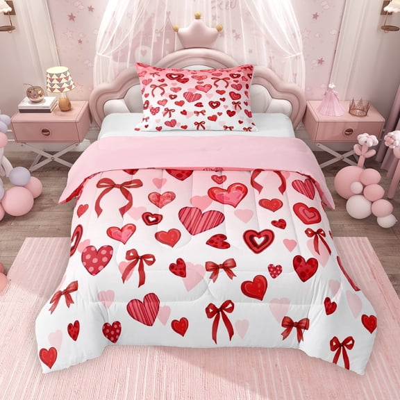 Erosebridal Cartoon Heart Bowknot Twin Comforter Sets, Red White Pink Bedding Set, Pink Reversible, 1 Comforter and 1 Pillowcase