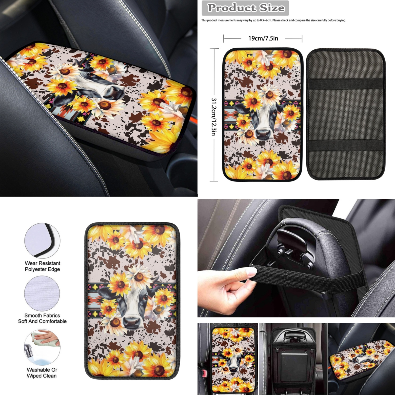 Renewold American Tribal Cow Sunflower Cow Print 12 Pieces Car Seat Cover Auto Steering Wheel Cover, Seat Belt Strap Wrap Cover Armrest Pad Handbrake Cover Gear Shift Cover Cup Holder Coasters