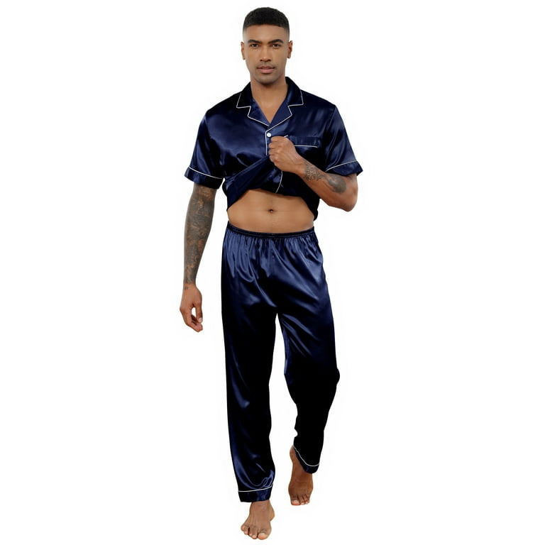 Silk Satin Pajama Sets for Men Short Sleeve Button Down Pajamas for Men 2 Piece Men Silk Sleepwear Set Mens Satin Loungewear Sets with Long Pants