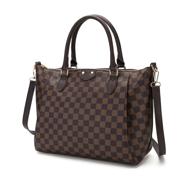 Twenty Four Checkered Tote Shoulder Bag Large Handbags For Women Pu Vegan Leather Brown 