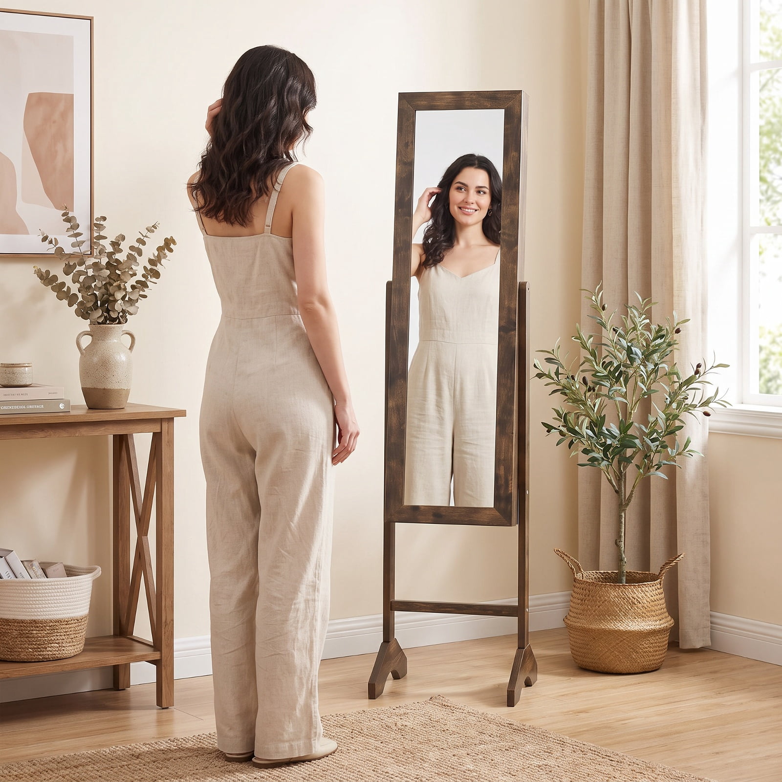 Furnibear Freestanding Jewelry Armoire with Velvet Lining and Full Length Mirror for Bedroom Dressing Room Jewelry Necklace Rings Storage, Brown