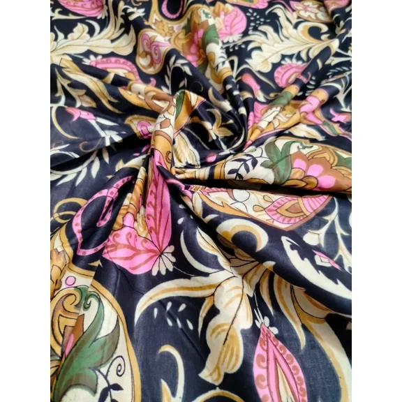 Black Golden Floral Fabric Handmade Cotton Hand Block Sewing Indian Crafts Yard