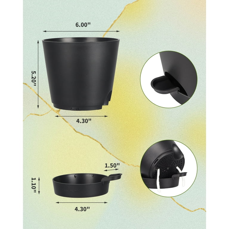 6 Inch Self Watering Plastic Planters Set of 6, Black Plant Pots