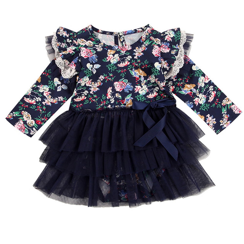 Toddler Kids Baby Girls Dress Floral Print Flare Sleeve Princess Dresses Outfits 
