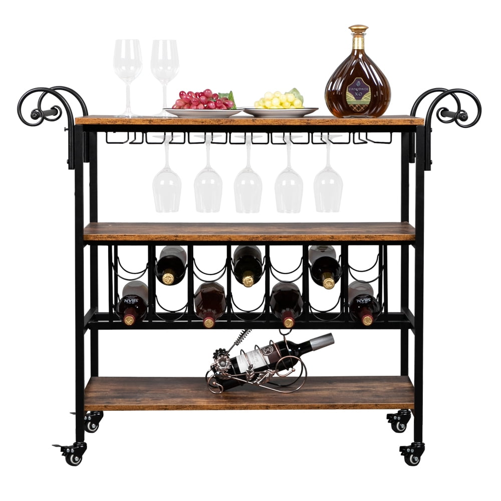 Kepooman Three-Layer Double-Armrest Small Wave Wine Bottle Layer 1.5mm Thick Density Board Fire Pattern Removable Iron Wood Craft Wine Cart Kepooman Three-Layer Double-Armrest Small Wave Wine Bottle Layer 1.5mm Thick Density Board Fire Pattern Removable Iron Wood Craft Wine Cart