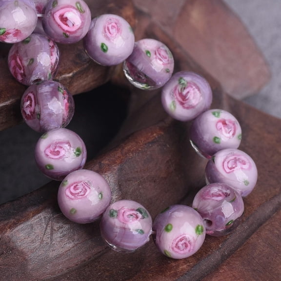 U8MO 10pcs 10mm Round Handmade Rose Flower Lampwork Glass Beads For Jewelry Making-Purple