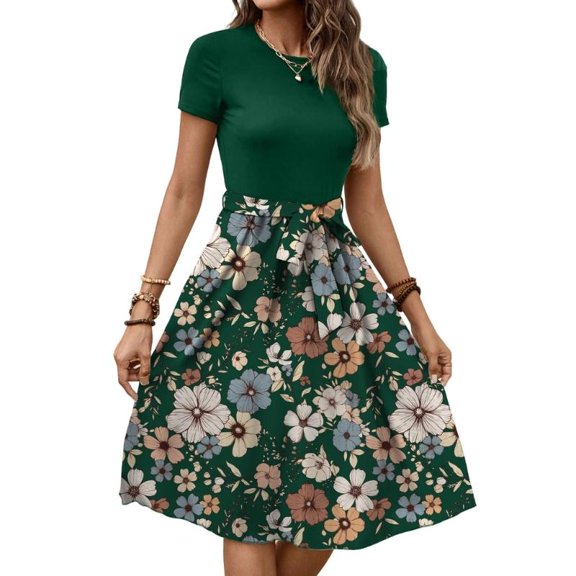 Women's dress, short-sleeved dress, dress with pockets, casual floral T-shirt dress, flowy beach dress
