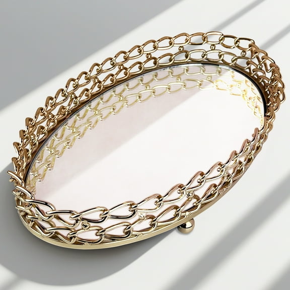 Metal Wire and Glass Tray Dual Link Chain Design Round Tray for Coffee Table Dining Table Decorative Tray for Home Restaurant Office for Event and Daily Use Multipurpose Serving Tray