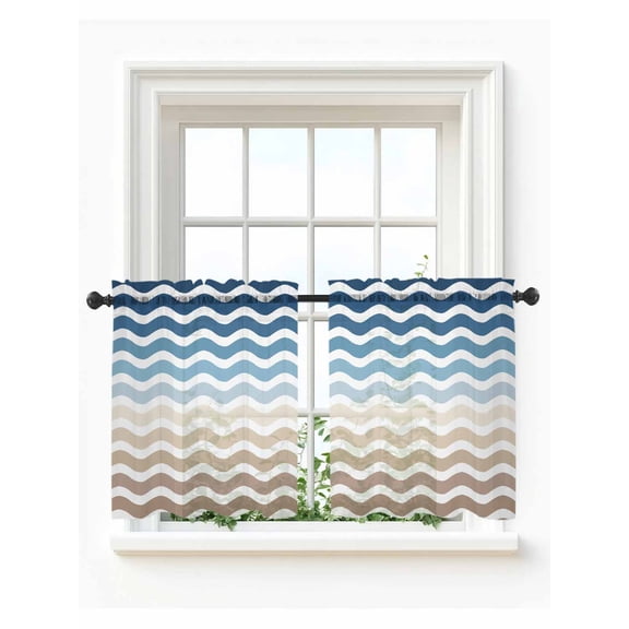 Navy Blue Brown Ombre Moire Tier Curtains 36 Inch Length,Sheer Curtains for Bedroom Living Room,Water Ripple Stripe Farmhouse Rod Pocket Voile Drapes Kitchen Curtains Small Window 27.5"x36" 2 Panels