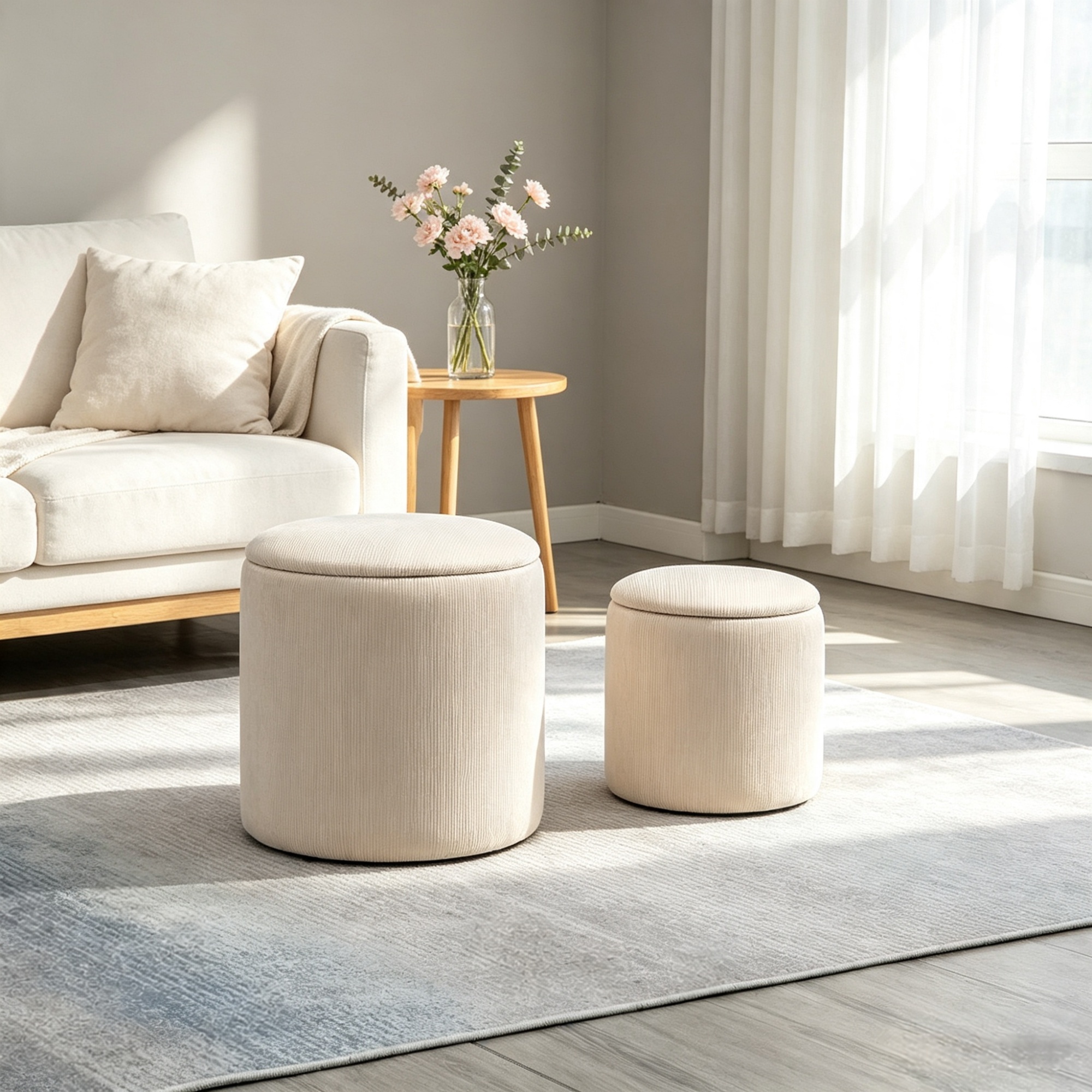 Cream White 2-Piece with Storage Stool, Removable Wood Lid, Hidden Space