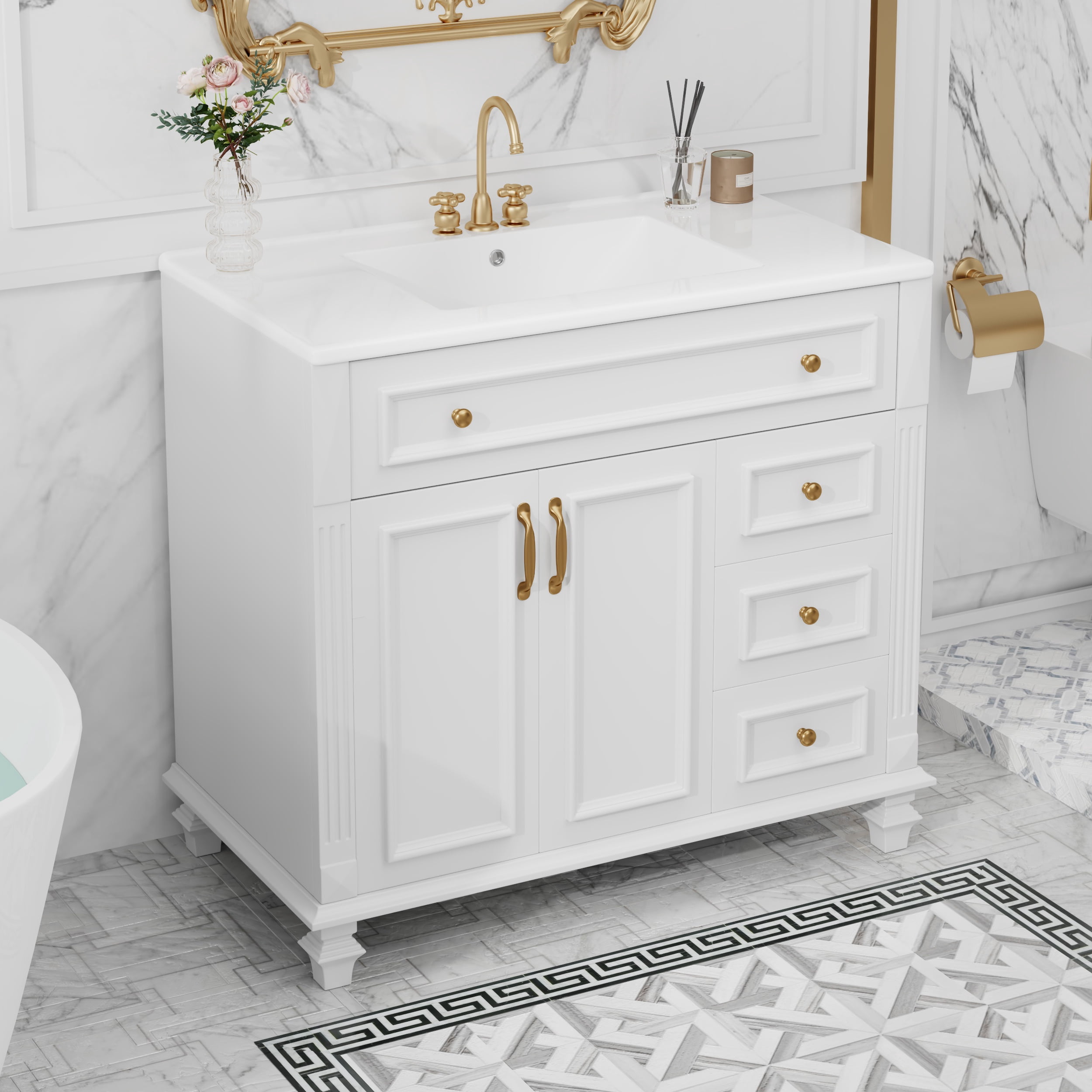 PORKISS 36" Bathroom Vanity with Ceramic Sink, Freestanding Bathroom Storage Cabinet with Flip-Out Drawer, 3 Drawers and 2 Doors, Wood Bathroom Vanity Cabinet with Gold Hardware, White