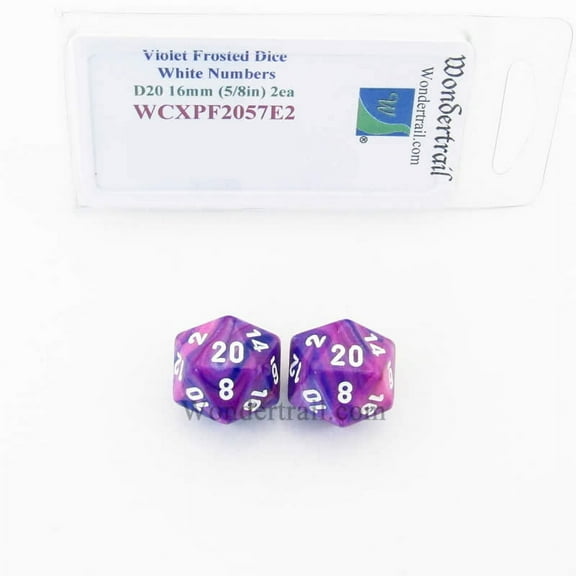 Violet Festive Dice with White Numbers D20 Aprox 16mm (5/8in) Pack of 2 Wondertrail