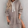 thumbnail image 4 of Kaprioy Womens Casual Pullover Sweatshirt Long Sleeve Split Hem Hoodie Dress with Kangaroo Pocket Fall Fashion Clothes Khaki, XL, 4 of 5