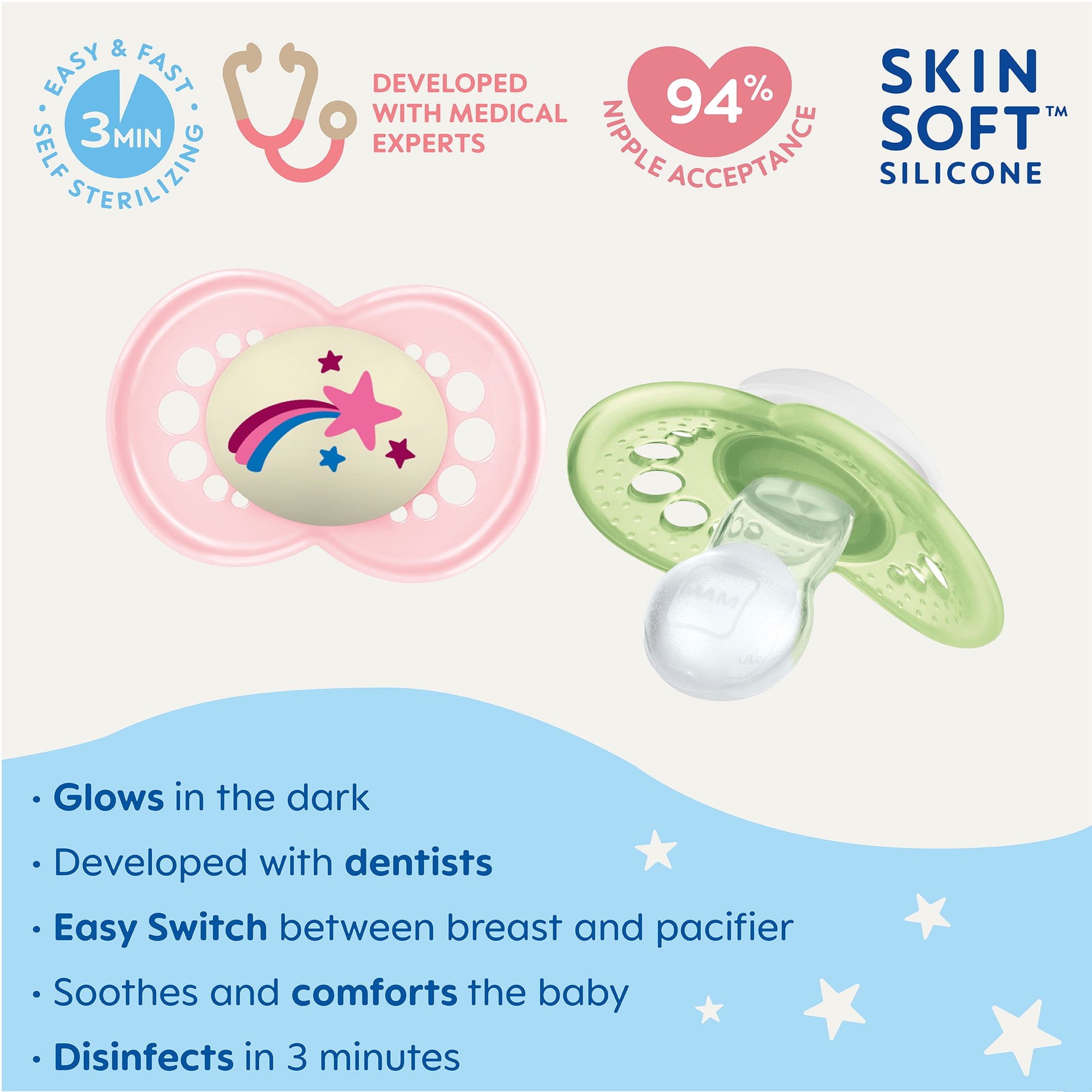 MAM Night Pacifier, 6-16 Months, Girl, 2 pack