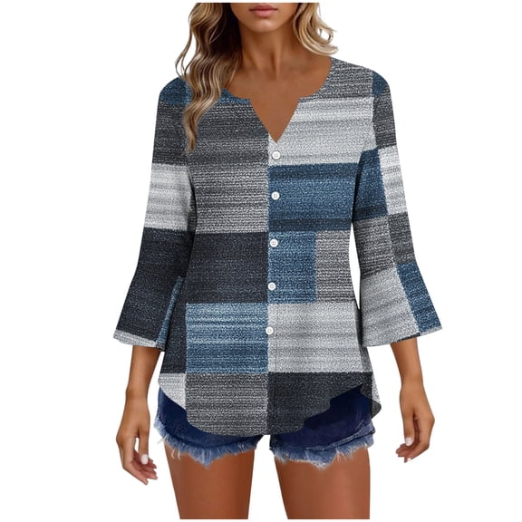 Kezqiaxn 3/4 Length Sleeve Womens Tops Ruffled V-Neck Button Down Shirts Dressy Work Blouses Women's Clothing