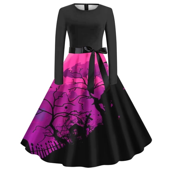 BRGZLK Halloween Dress Women Crew Neck Long Sleeve Printed Witch Dresses Loose Fit A-line Casual Long Dresses Holiday Party Outfit Purple L