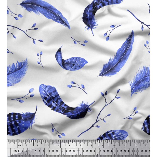 Soimoi Blue Rayon Fabric Leaves & Feather Decor Fabric Printed Yard 42 Inch Wide
