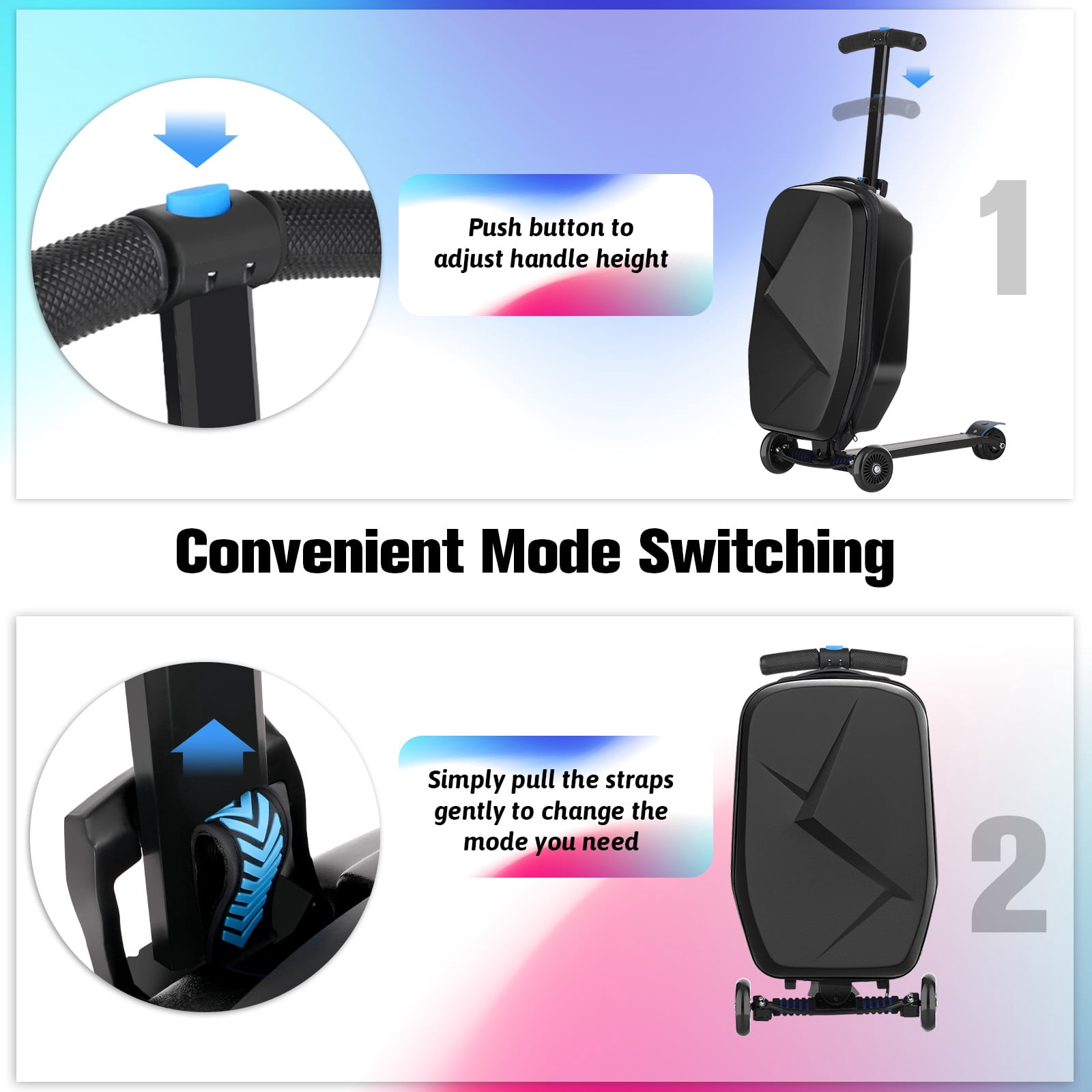 Advwin Scooter Luggage for Kids & Adults, Hardside Ride on Suitcase for Kids Ages 4-15 Multifunctional Lightweight Foldable Carry on Luggage with Wheels Ride on for Children Teenagers, Black