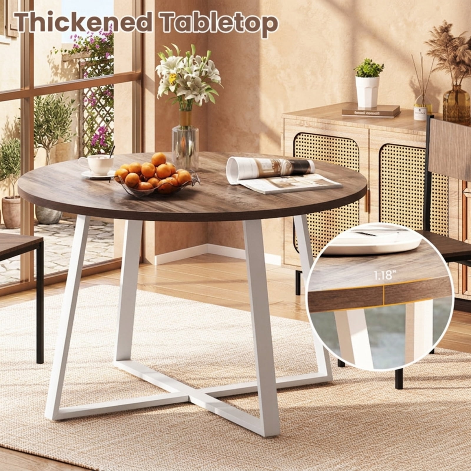 Furnibear 47 Inch Round Dining Table with Stable X Shaped Base and Thickened Top