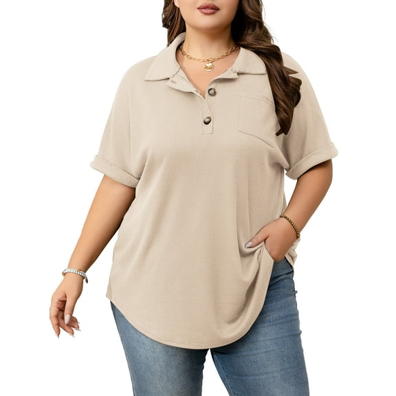 Cuteduck Womens Plus Size Casual Henley Waffle Knit Button-Up Top Short Sleeve Polo Shirt 1X-5X