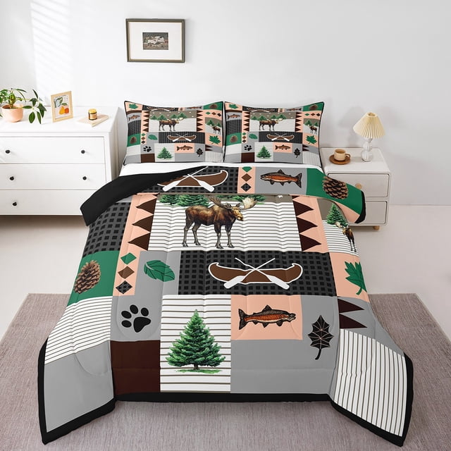 Ensemble de Douillette Moose Lodge Format Simple 2 Pcs, Ensemble de Literie Aventure Rustique Ferme Bateau Achigan, Ensemble de Courtepointe Patchwork Rétro Carreaux Rayures Brun Gris Noir pour Chambre d'Enfant, 1 Taie d'Oreiller