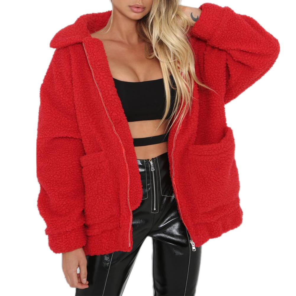 Women Casual Fuzzy Sherpa Coats Warm Fluffy Jacket with Fleece Lined Crop top Zipper Faux Jacket Outwear