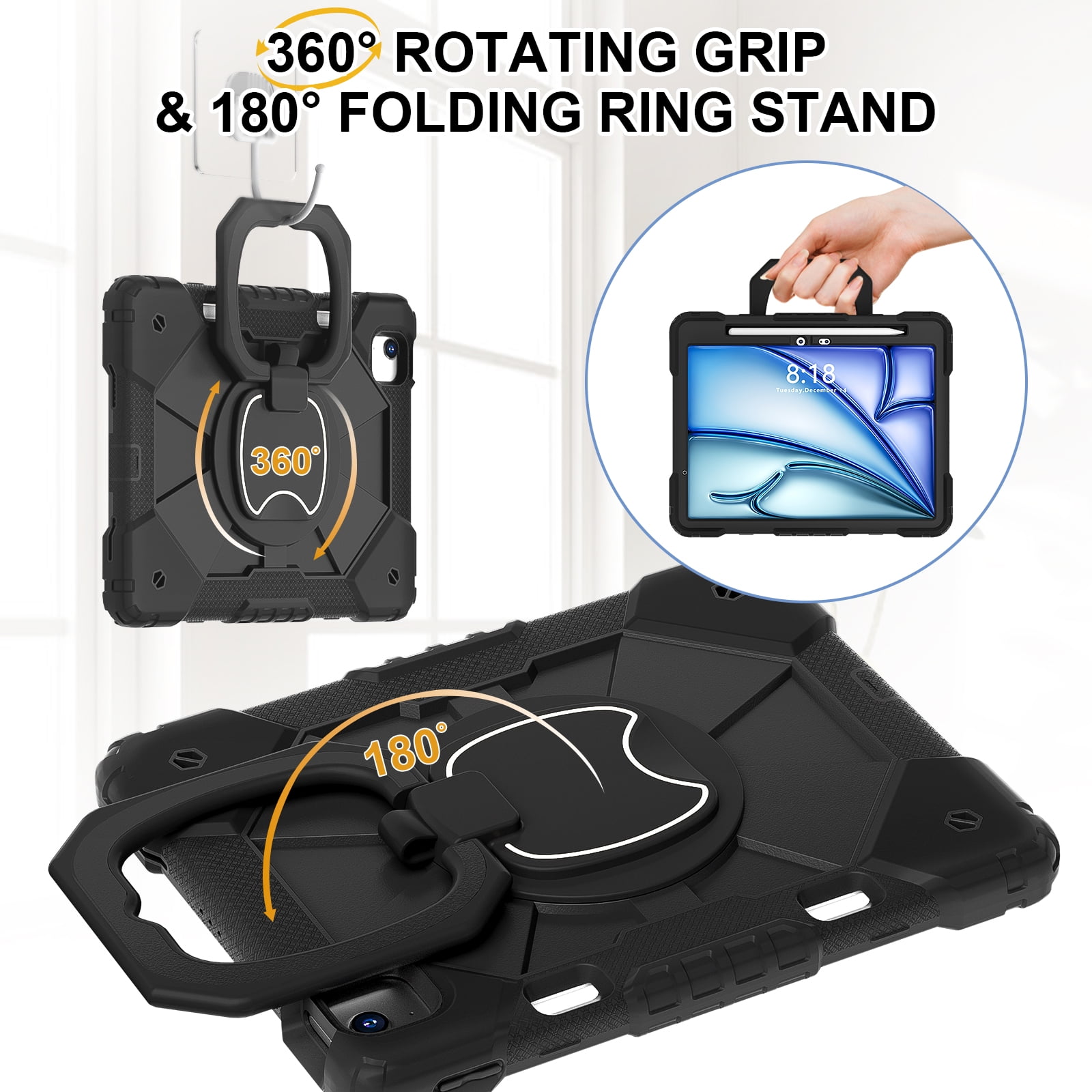 Dteck with Pencil Holder Case for iPad Air 13 inch 2025/2024,Heavy Duty Silicone Case 360 Degree Rotating Handle Stand Cover with Shoulder Strap for iPad Air 13-in. M3/M2,Black