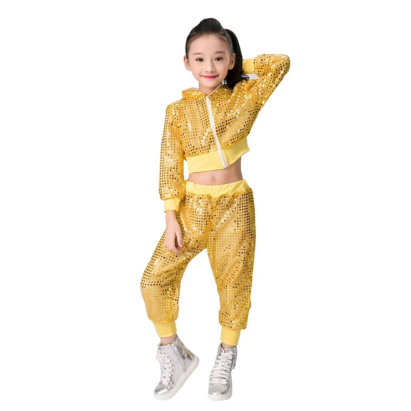 Coerni Girls Dance Outfits Cropped Sequin Jacket Metallic Pants Set Kids Hip Hop Jazz Dance Sparkly Streetwear for 80s 90s Party